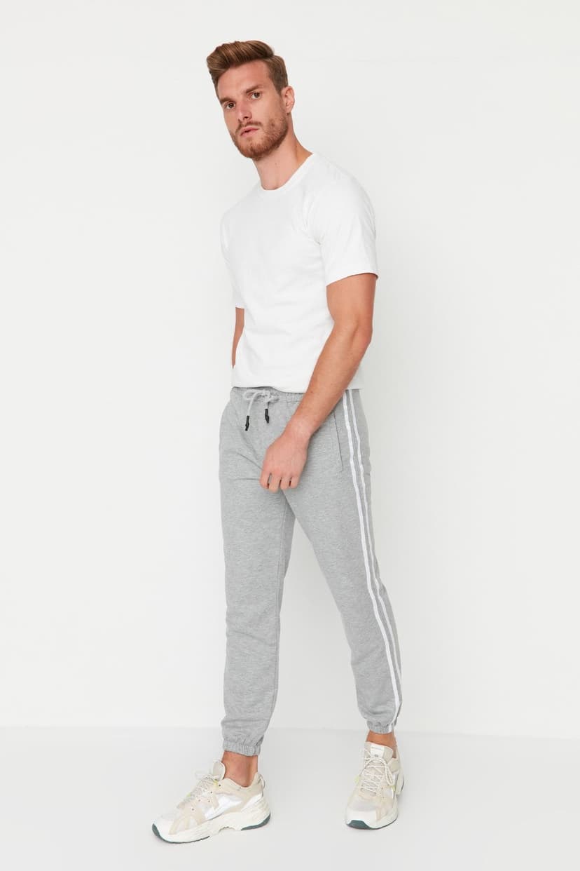Product Gri Regular/Normal Kesim Şeritli Fermuar Cepli Paçası Lastikli Jogger Eşofman Altı