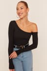 Siyah Fitted/Vücuda Oturan Omzu Açık Fitilli Pamuklu Esnek Örme Bluz