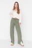 Haki Soluk Efektli Wide Leg/Geniş Paça Normal Bel İnce Örme Eşofman Altı Pantolon