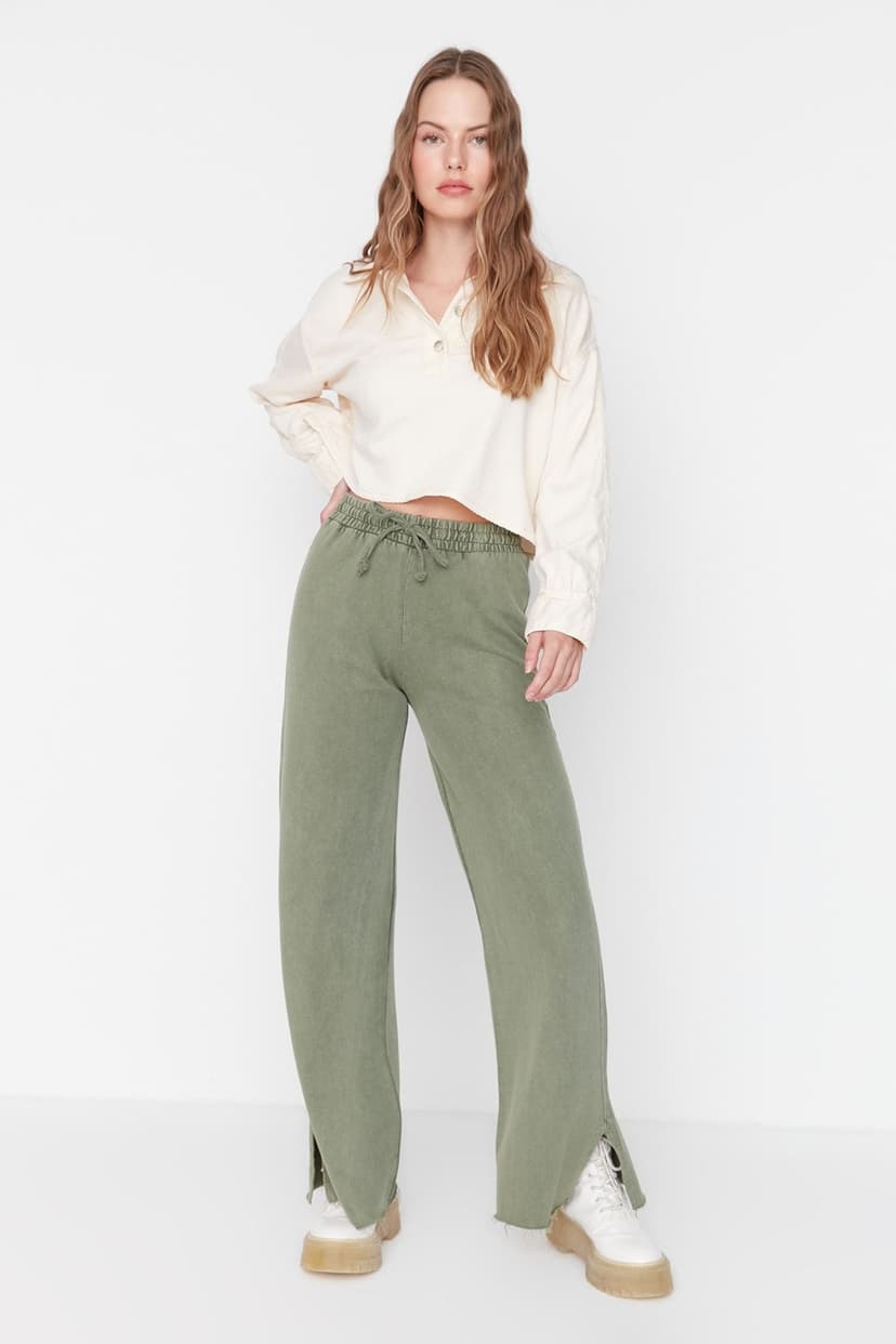 Product Haki Soluk Efektli Wide Leg/Geniş Paça Normal Bel İnce Örme Eşofman Altı Pantolon