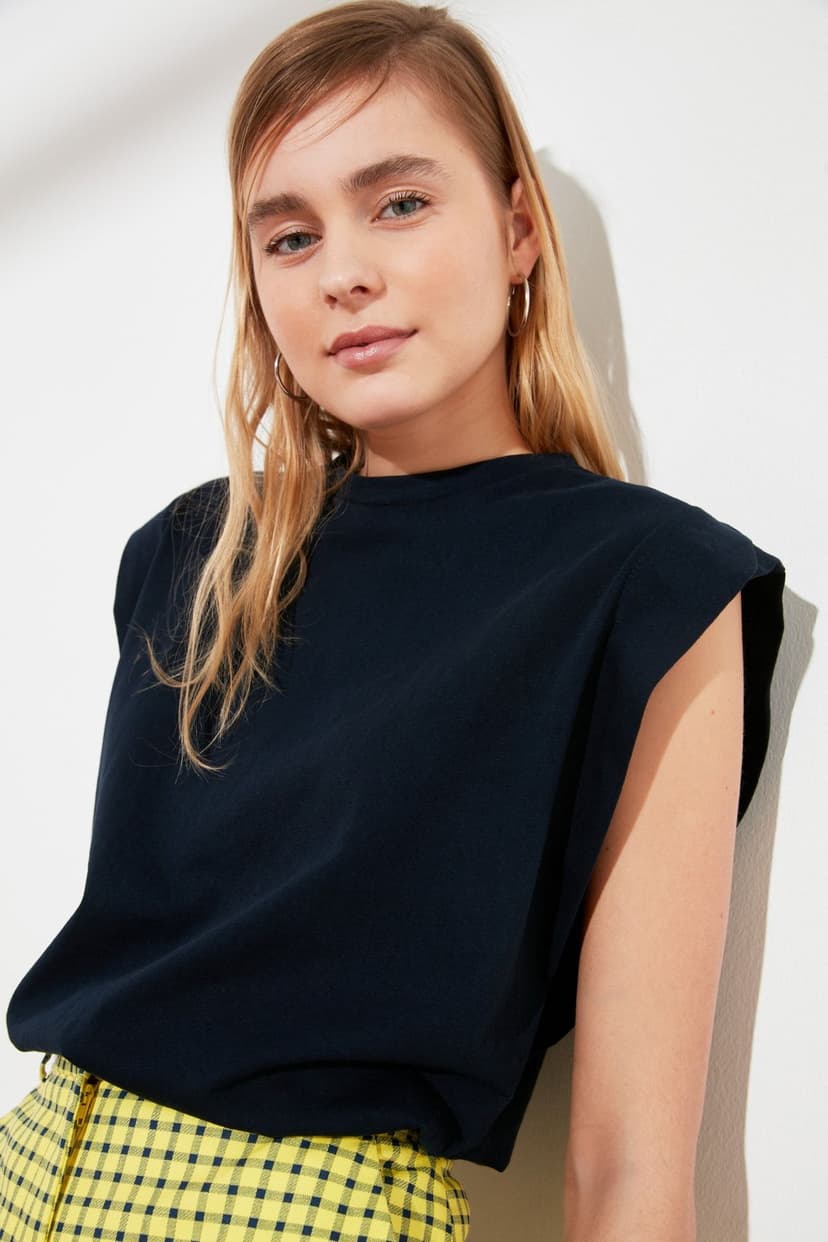 Product Lacivert %100 Pamuk Vatka Görünümlü Basic Bisiklet Yaka Örme T-Shirt