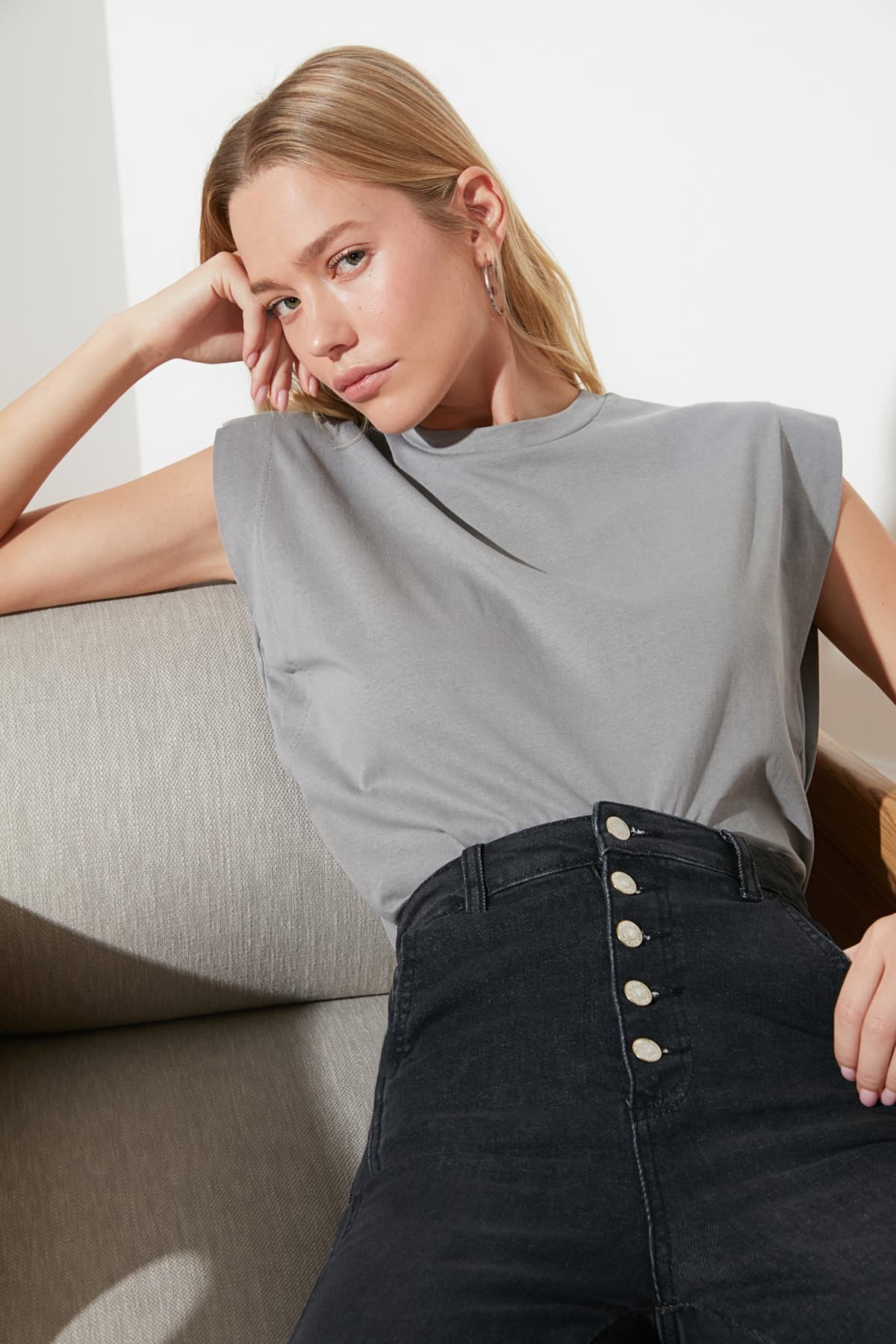 Gri %100 Pamuk Vatka Görünümlü Basic Bisiklet Yaka Örme T-Shirt