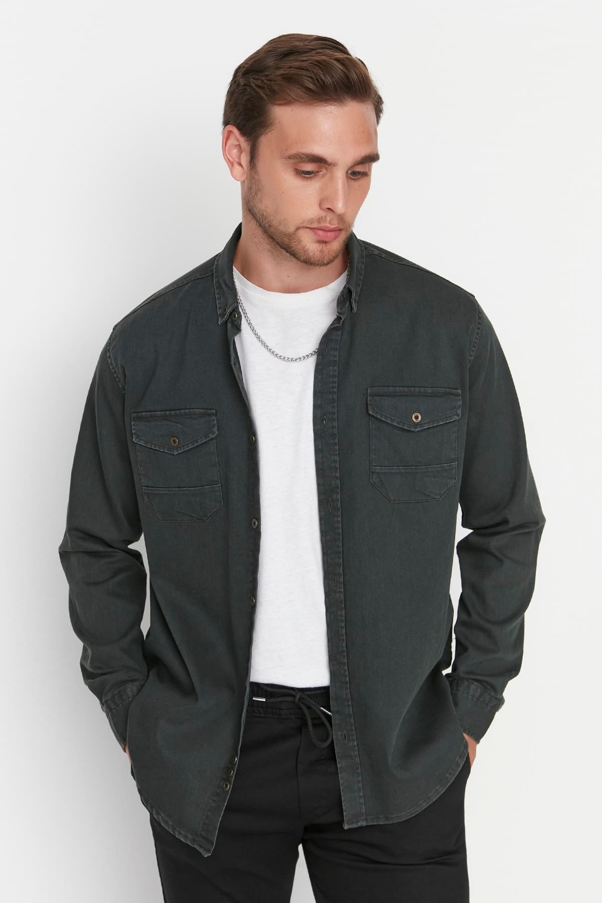 Haki Metal Düğmeli Kot Gömlek