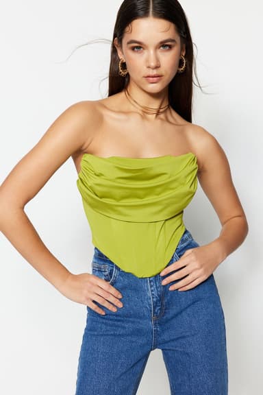 Açık Yeşil Crop Astarlı Korse Detaylı Örme Büstiyer