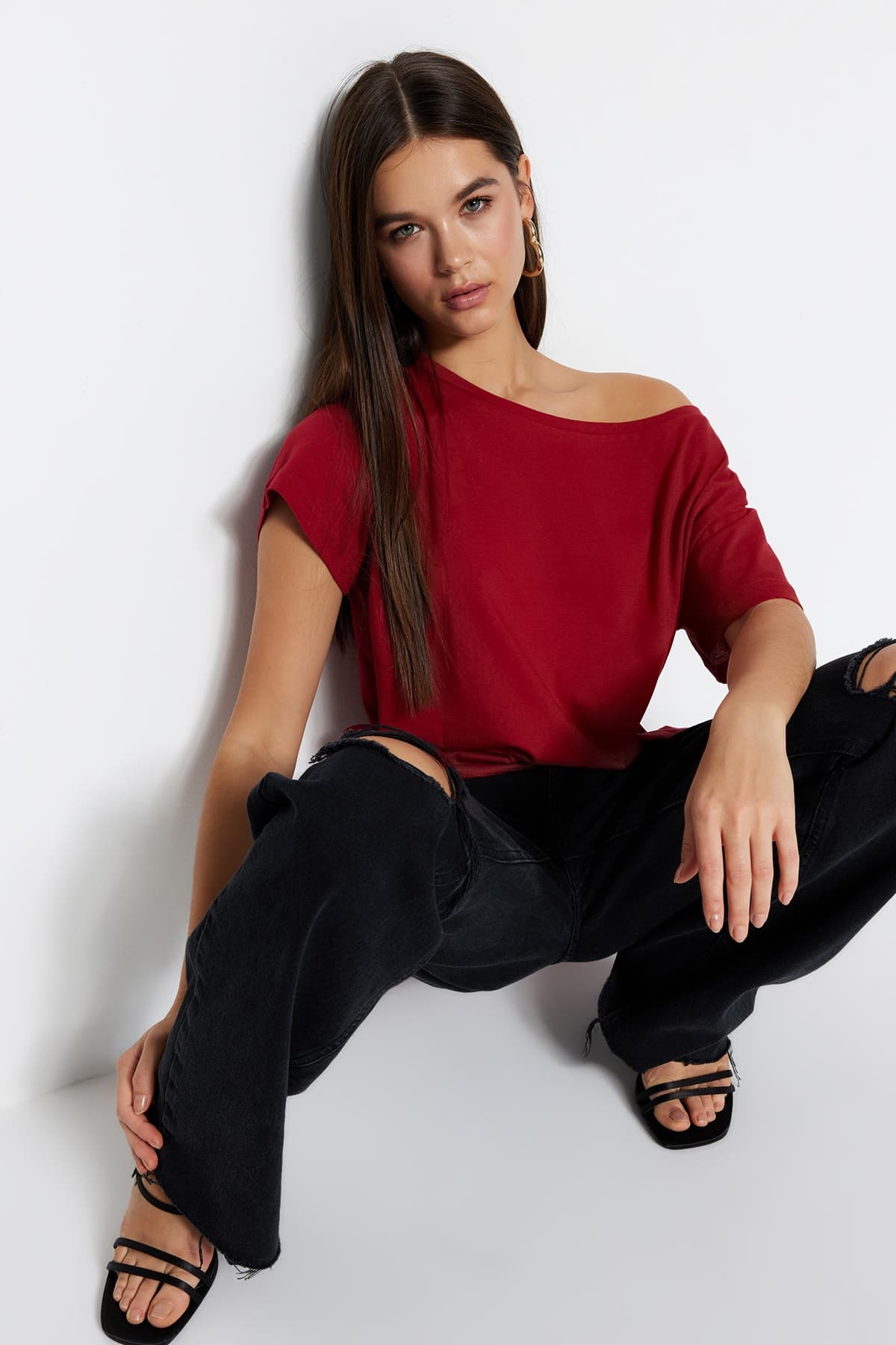 Kırmızı %100 Pamuk Oversize/Geniş Kalıp Kayık Yaka Örme T-Shirt