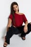 Kırmızı %100 Pamuk Oversize/Geniş Kalıp Kayık Yaka Örme T-Shirt