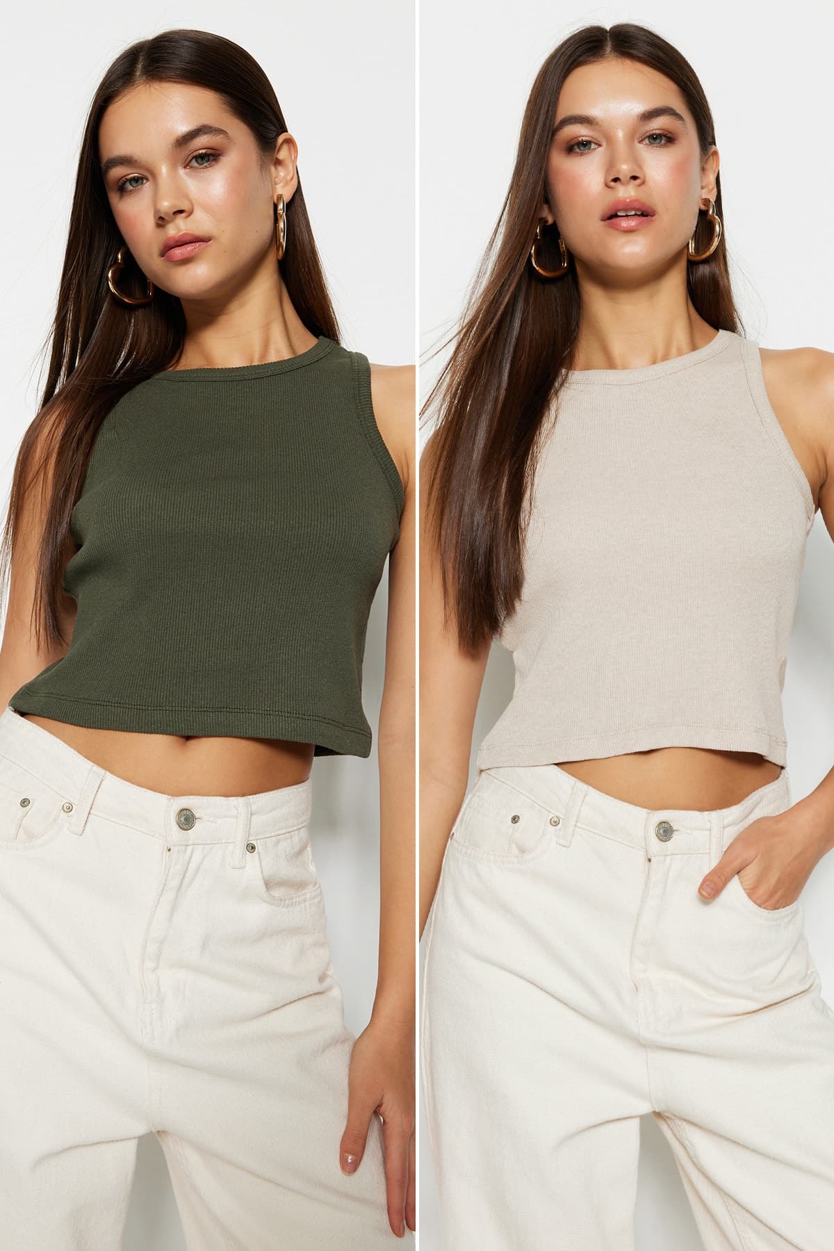 Trendyolmilla Haki-Bej 2'li Paket Fitted/Vücuda Oturan Crop Halter Yaka Fitilli Esnek Örme Atlet TWOSS21AL0058