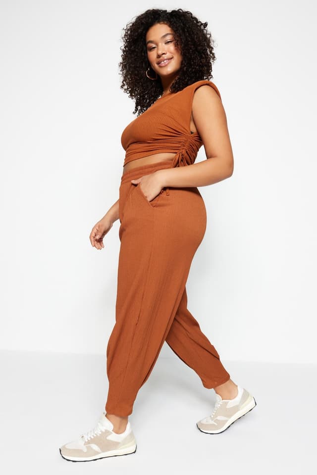Product Kiremit Havuç Fit Beli Lastikli Örme Büyük Beden Pantolon