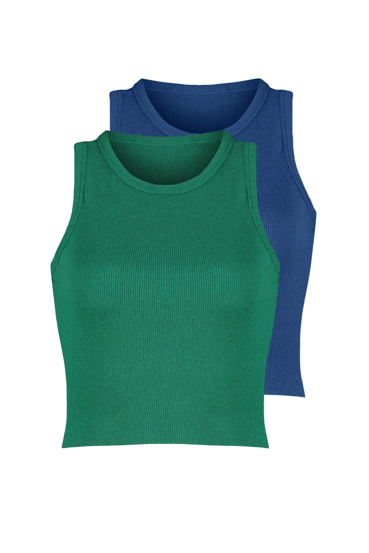 Trendyolmilla Lacivert-Yeşil 2'li Paket Fitted/Vücuda Oturan Crop Halter Yaka Fitilli Örme Atlet TWOSS21AL0058