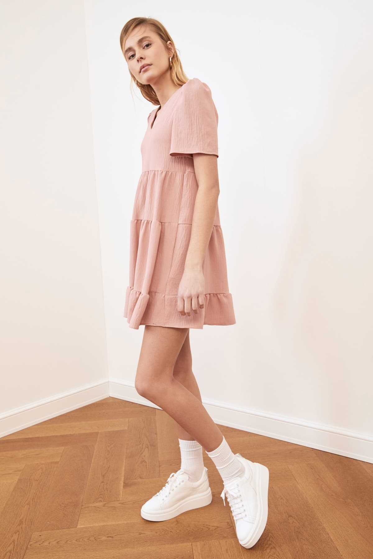 Gül Kurusu Geniş Kesim Mini Dokuma Elbise