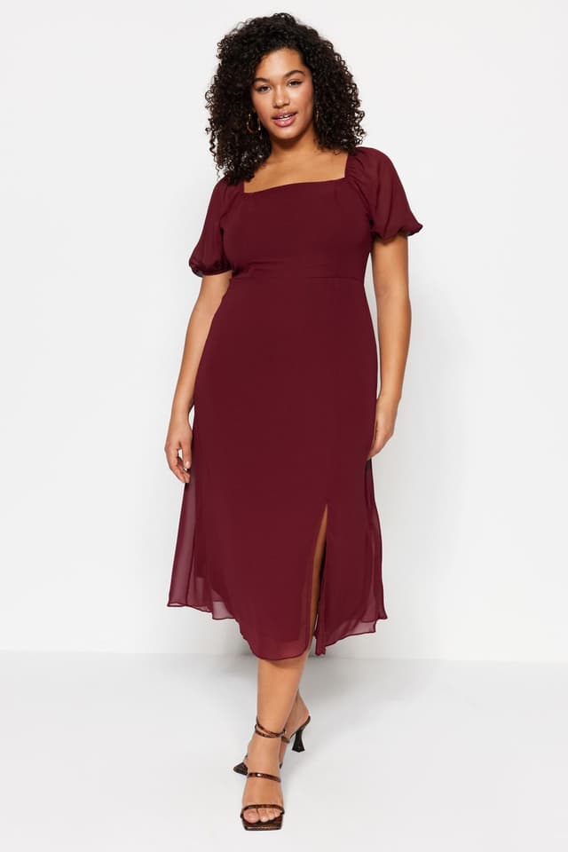 Product Bordo Dokuma Yırtmaçlı Elbise