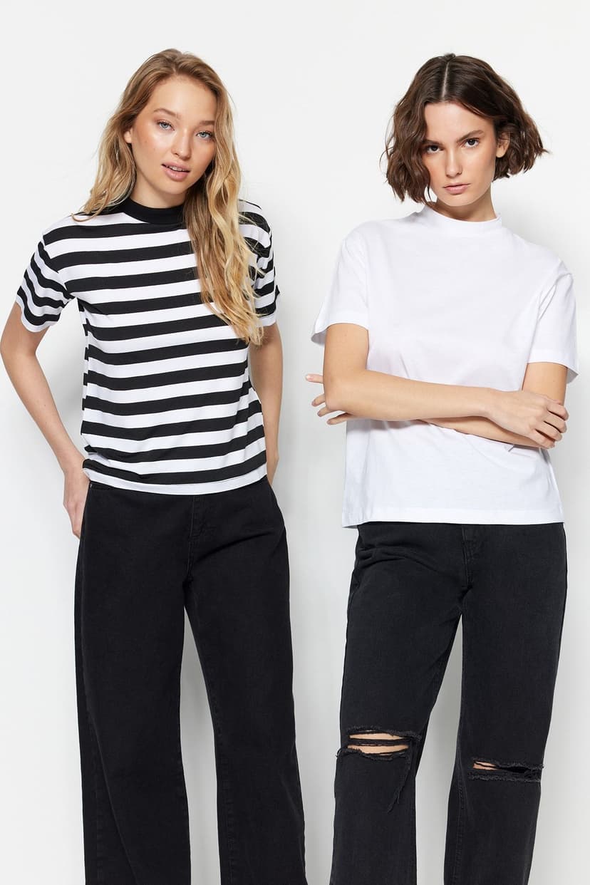 Product Beyaz-Siyah Beyaz Çizgili 2'li Paket Basic Dik Yaka Örme T-Shirt