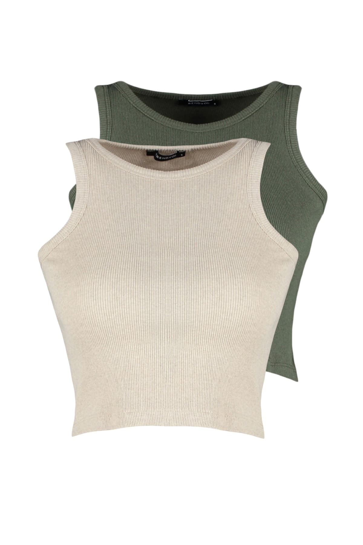 Trendyolmilla Haki-Bej 2'li Paket Fitted/Vücuda Oturan Crop Halter Yaka Fitilli Esnek Örme Atlet TWOSS21AL0058