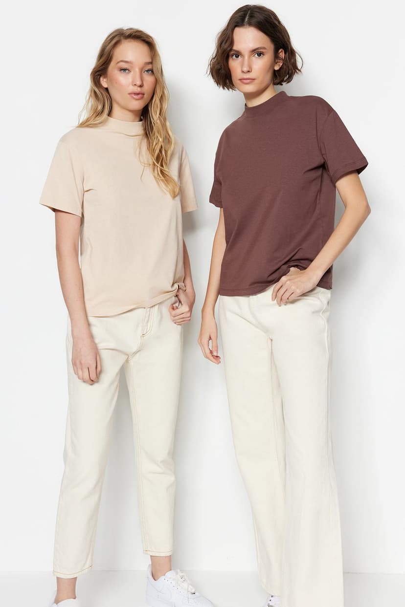 Product Kahverengi-Bej 2'li Paket %100 Pamuk Basic Dik Yaka Örme T-Shirt