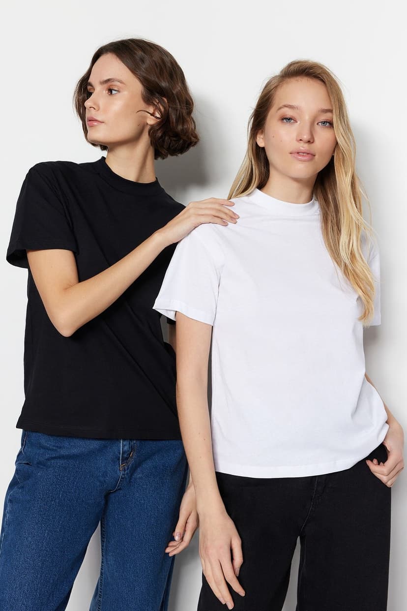 Product Beyaz-Siyah 2'li Paket %100 Pamuk Basic Dik Yaka Örme T-Shirt
