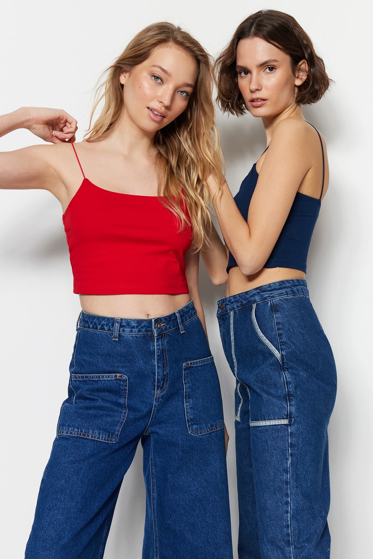 Lacivert-Kırmızı 2'li Paket Pamuklu Spagetti Askılı Crop Esnek Örme Atlet