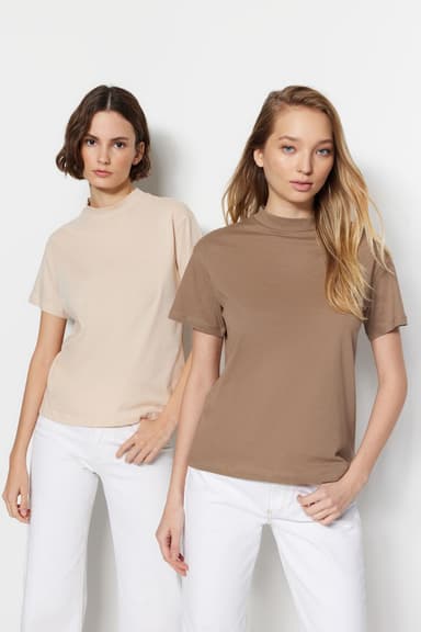 Bej-Vizon 2'li Paket %100 Pamuk Basic Dik Yaka Örme T-Shirt