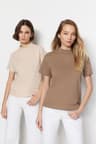 Bej-Vizon 2'li Paket %100 Pamuk Basic Dik Yaka Örme T-Shirt