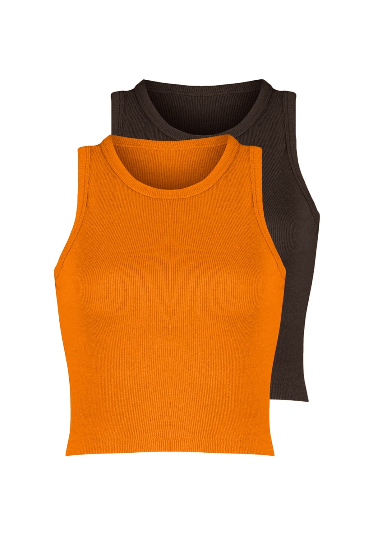 Trendyolmilla Kahverengi-Turuncu 2'li Paket Fitted/Vücuda Oturan Crop Fitilli Esnek Örme Atlet TWOSS21AL0058