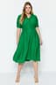 Yeşil Dokuma Beli Lastik ve Düğme Detaylı Elbise