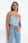 Mavi Kuş Gözü Bağlama Detaylı Kalp Yaka Fitted Crop Denim Büstiyer