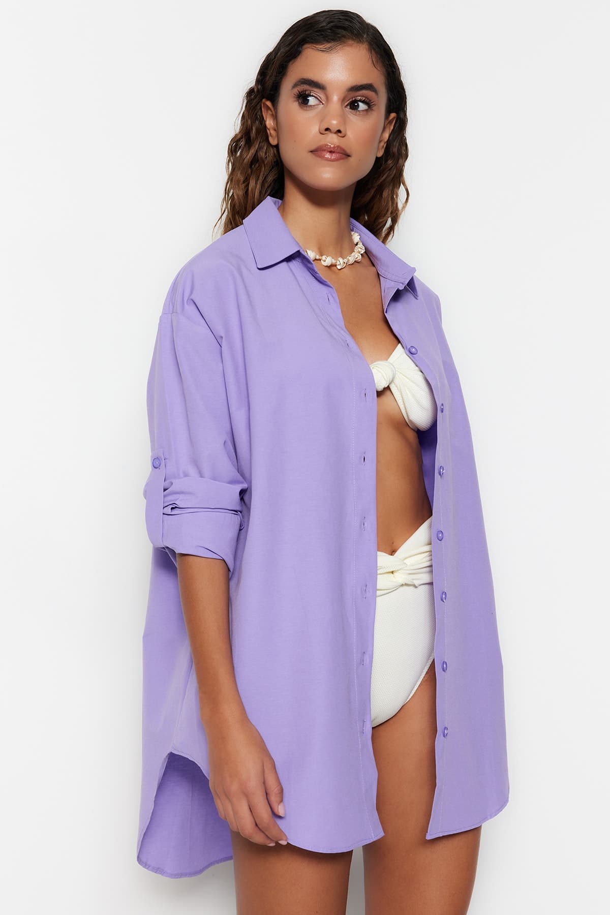 Trendyolmilla Lila Dokuma Plaj Gömleği TBESS22GO0664