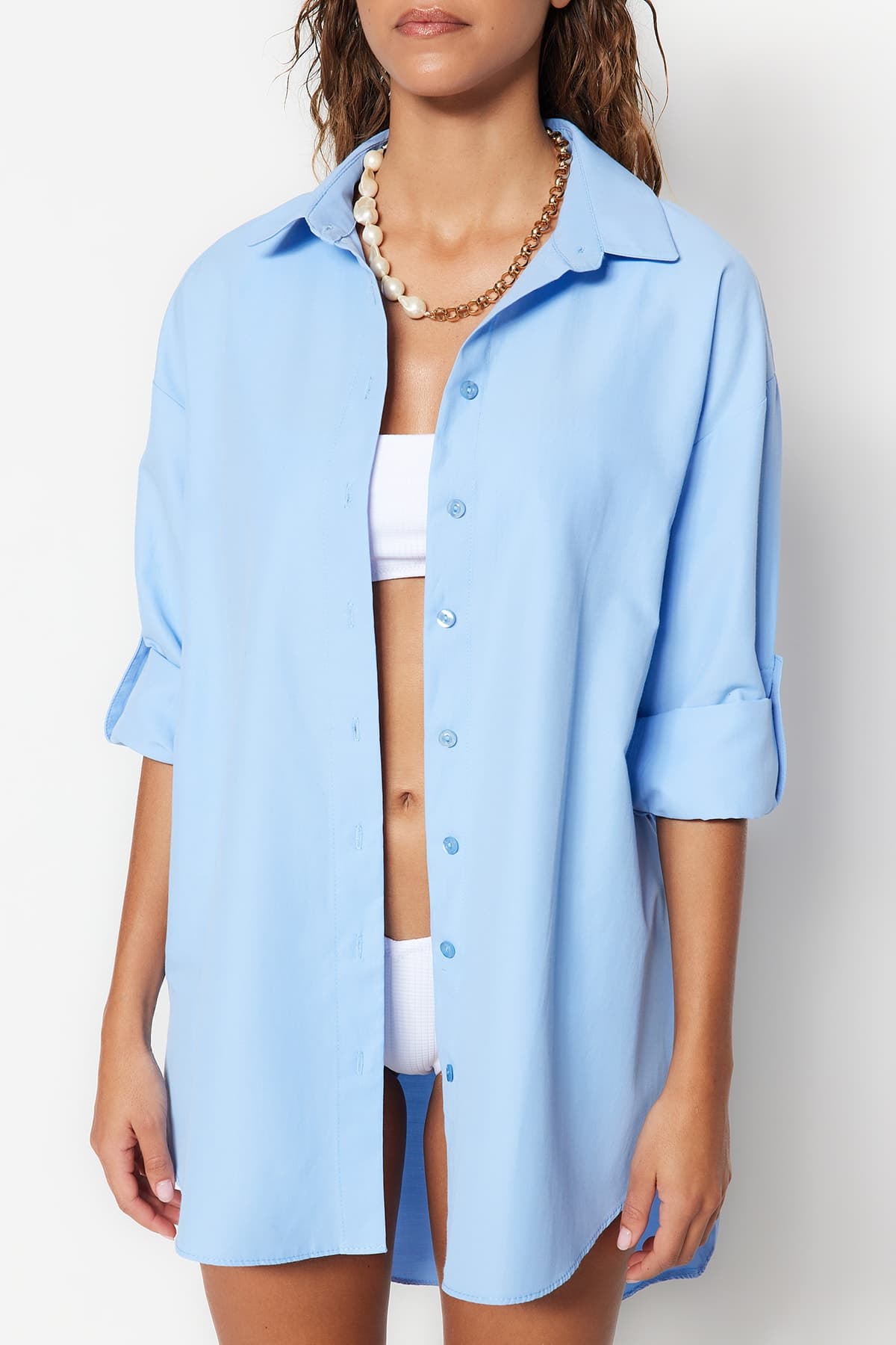 Trendyolmilla Açık Mavi Dokuma Plaj Gömleği TBESS22GO0664