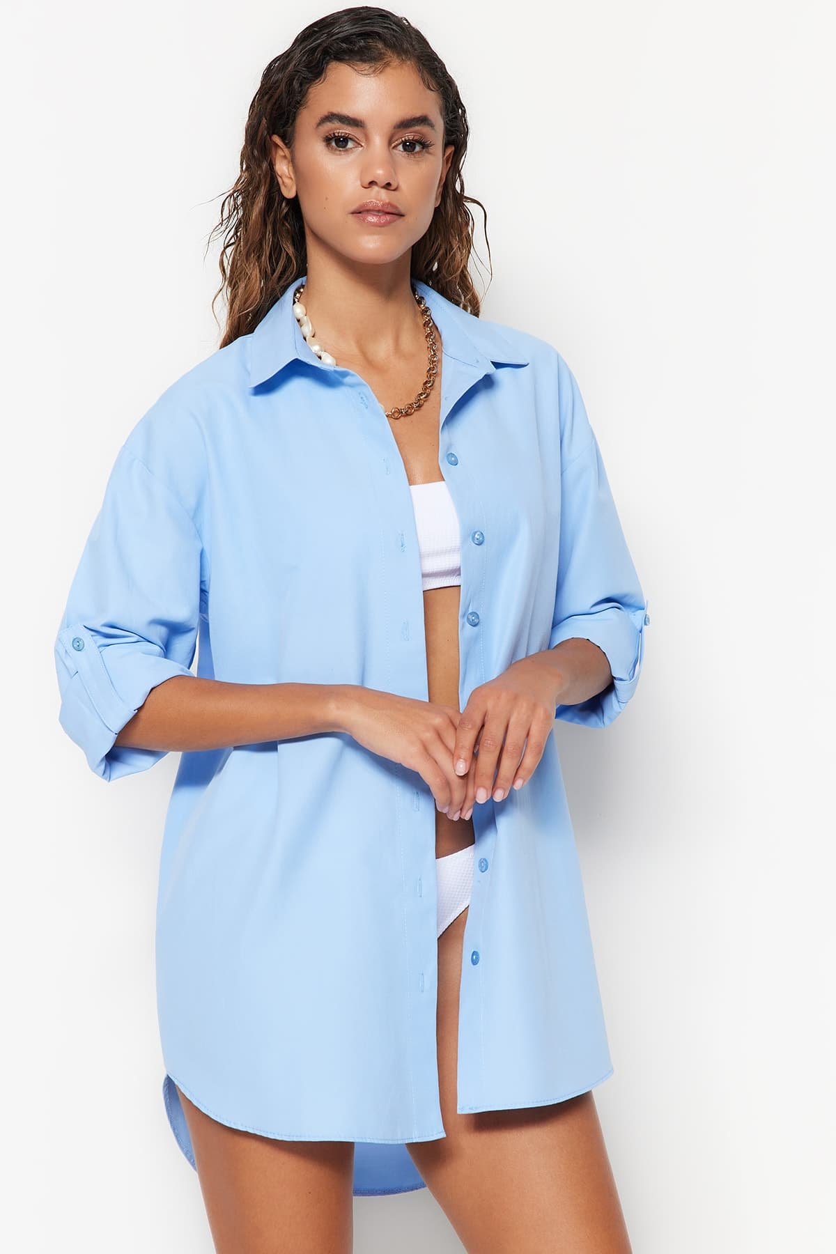 Trendyolmilla Açık Mavi Dokuma Plaj Gömleği TBESS22GO0664