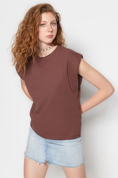 Kahverengi %100 Pamuk Vatka Görünümlü Basic Bisiklet Yaka Örme T-Shirt
