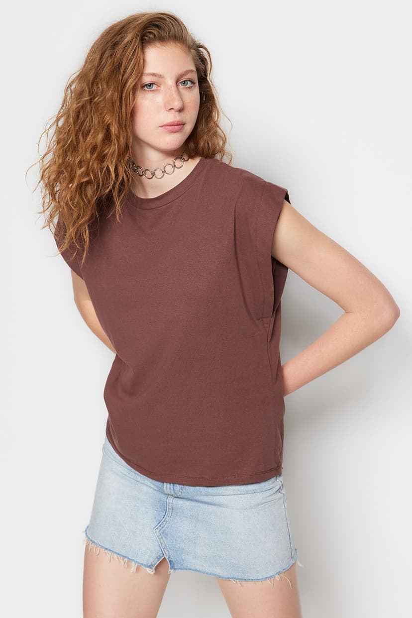 Product Kahverengi %100 Pamuk Vatka Görünümlü Basic Bisiklet Yaka Örme T-Shirt