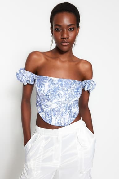 Çok Renkli Crop Astarlı Korse Detaylı Çiçek Desenli Dokuma Poplin Büstiyer