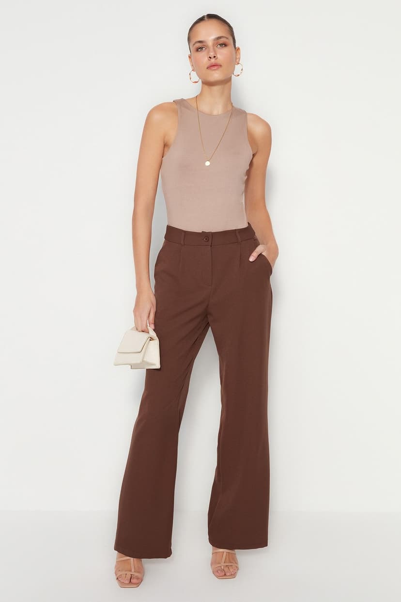 Product Koyu Kahverengi Yüksek Bel Wide Leg/Geniş Paça Pilili Dokuma Kumaş Pantolon