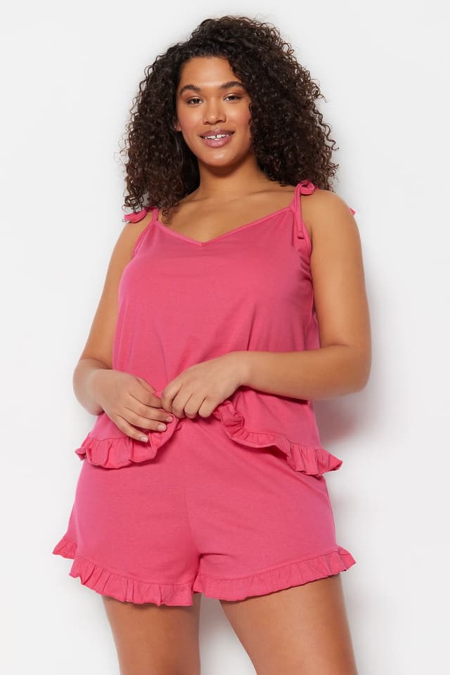 Product Fuşya Örme Bağlama Detaylı Şortlu Pijama Takımı