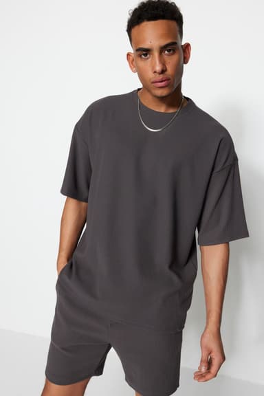 Premium Basic Füme Oversize/Geniş Kesim Dokulu Kırışmaz Ottoman T-Shirt