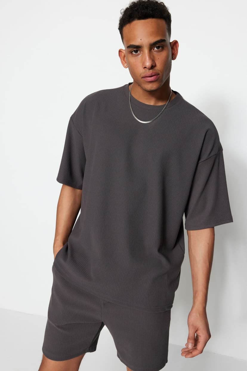 Premium Basic Füme Oversize/Geniş Kesim Dokulu Kırışmaz Ottoman T-Shirt