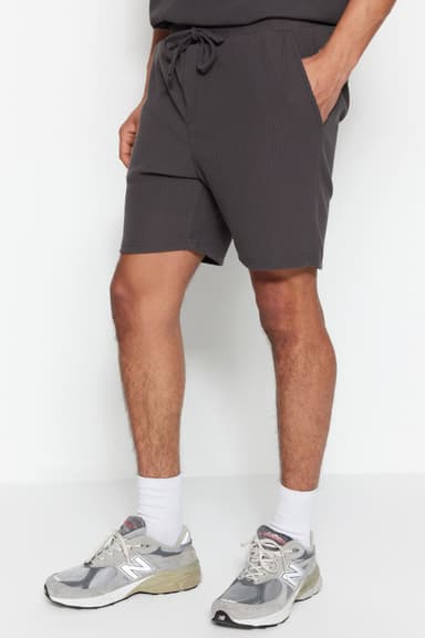 Basic Füme Regular/Normal Kesim Orta Boy Bağcıklı Dokulu Kırışmaz Ottoman Şort