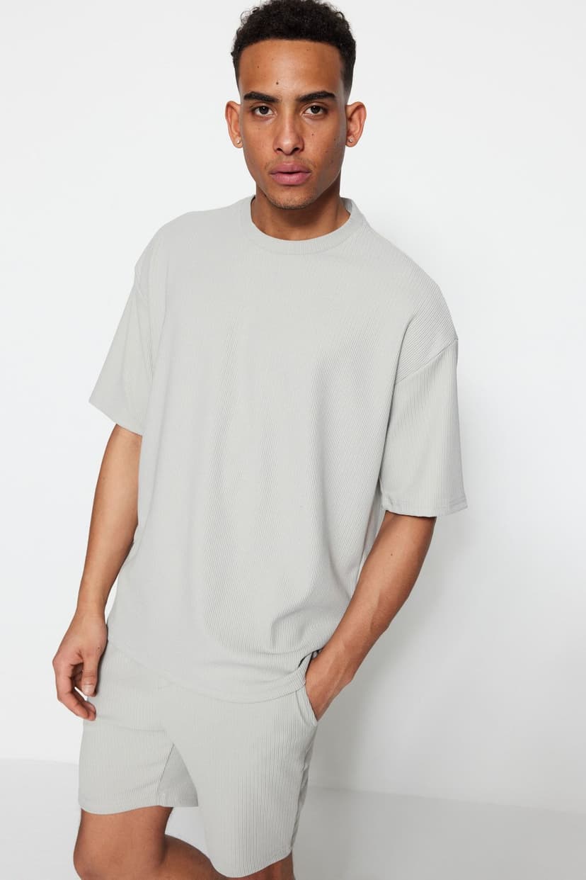 Product Premium Basic Gri Oversize/Geniş Kesim Dokulu Kırışmaz Ottoman T-Shirt