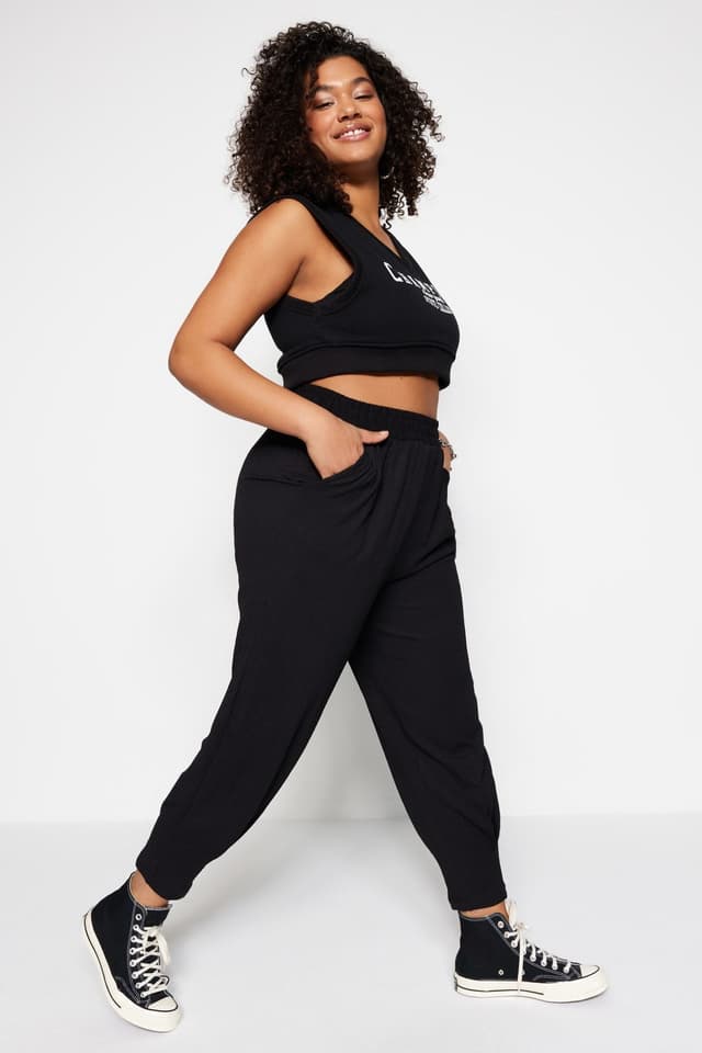 Product Siyah Havuç Fit Beli Lastikli Örme Büyük Beden Pantolon