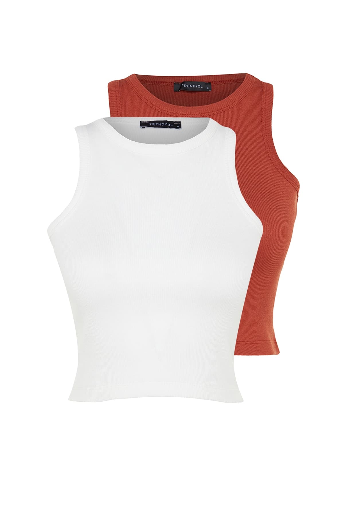 Trendyolmilla Tarçın-Ekru 2'li Paket Fitted/Vücuda Oturan Crop Halter Yaka Fitilli Esnek Örme Atlet TWOSS21AL0058