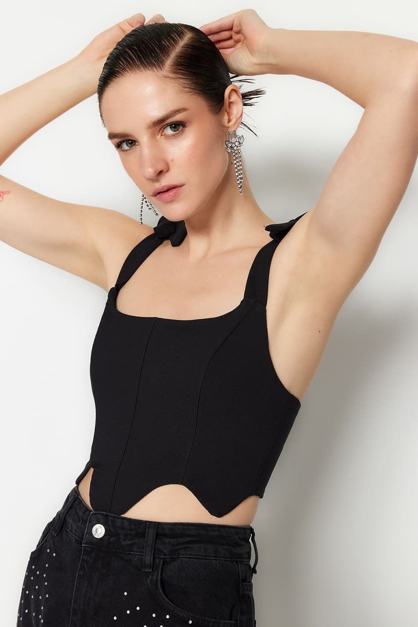 Product Siyah Crop Balenli Dokuma Büstiyer