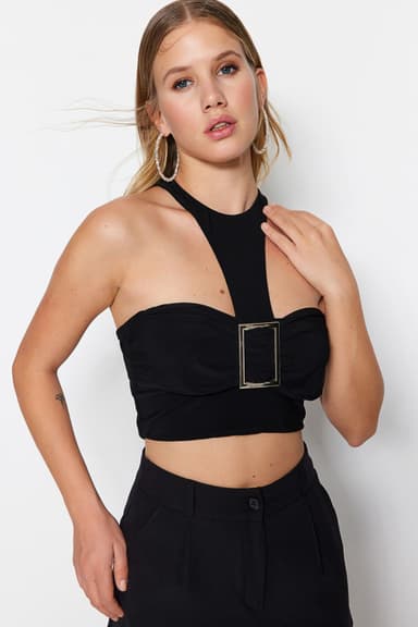 Siyah Crop Aksesuarlı Örme Büstiyer