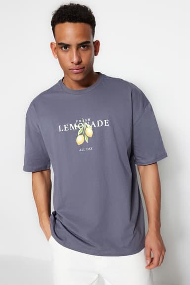 Antrasit Oversize Bisiklet Yaka Kısa Kol Baskılı T-Shirt