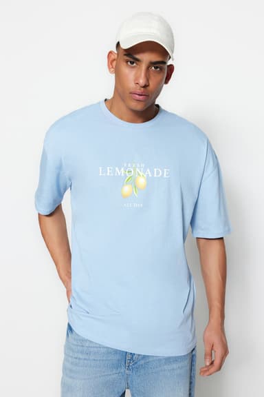 Açık Mavi Unisex Oversize/Geniş Kesim Kısa Kol Baskılı T-Shirt