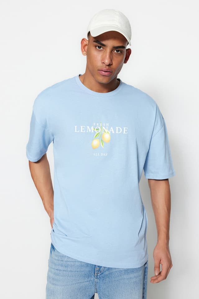 Product Açık Mavi Unisex Oversize/Geniş Kesim Kısa Kol Baskılı T-Shirt