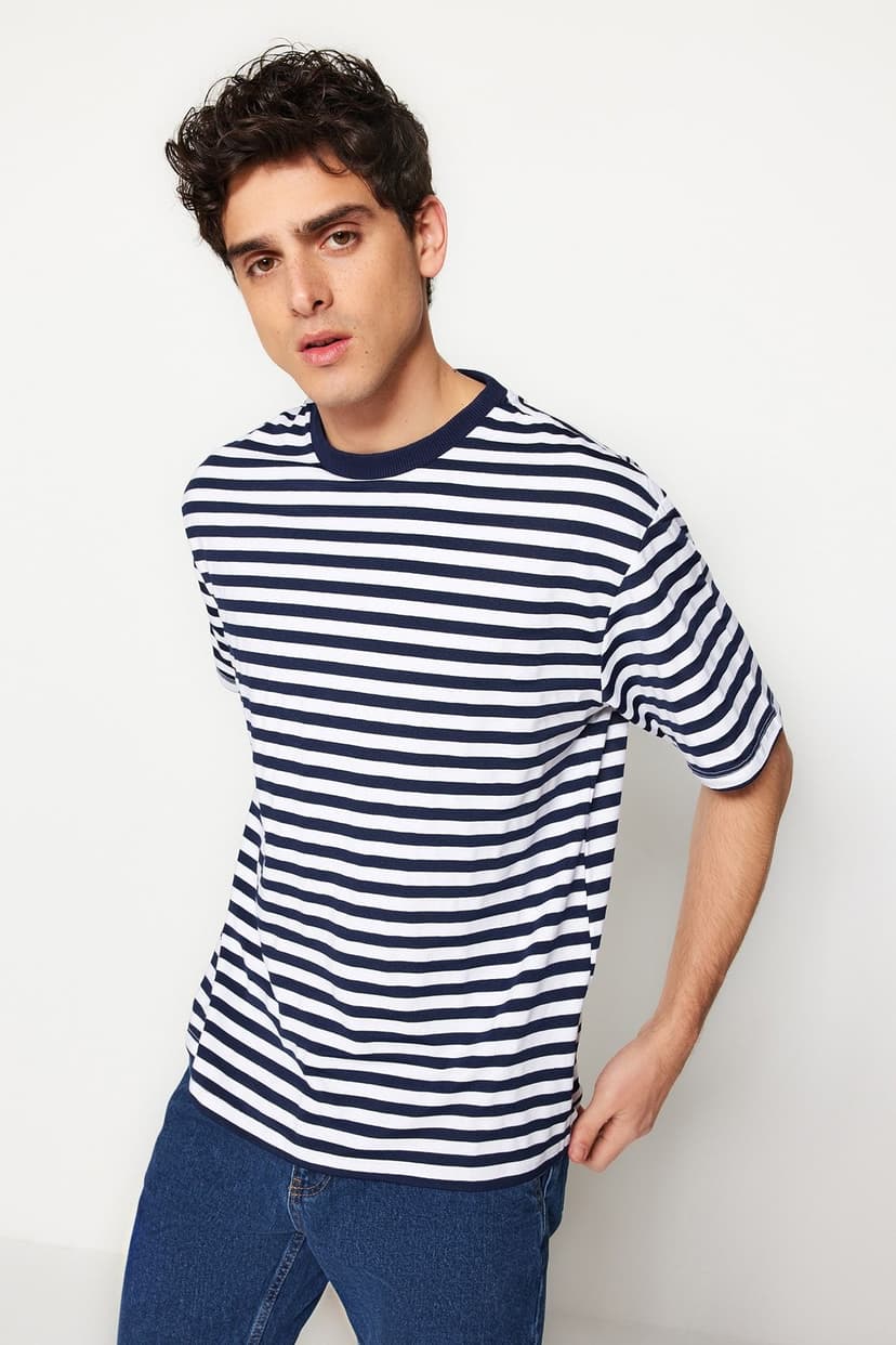 Product Lacivert Oversize/Geniş Kesim Çizgili Kısa Kol T-Shirt