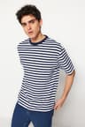 Lacivert Oversize/Geniş Kesim Çizgili Kısa Kol T-Shirt