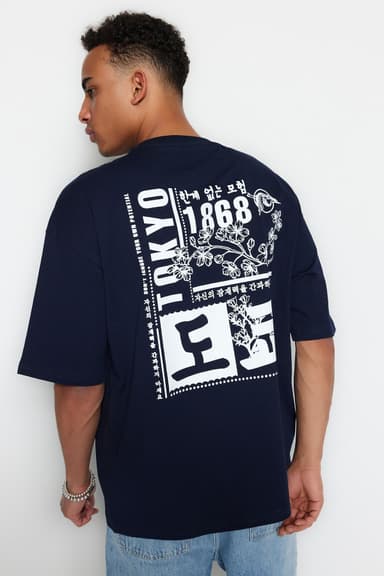 Lacivert Oversize/Geniş Kesim Uzak Doğu Baskılı Kısa Kol %100 Pamuklu T-Shirt