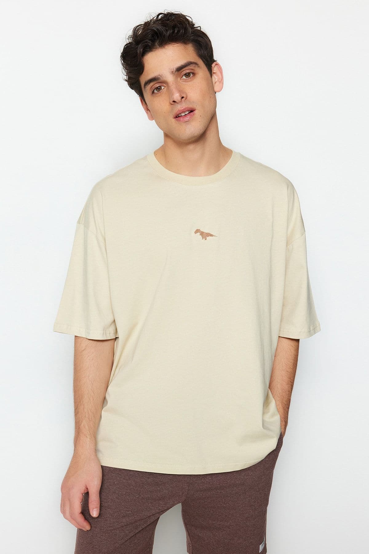 Taş Oversize/Geniş Kesim Bisiklet Yaka Kısa Kol Dinozor İşlemeli T-Shirt