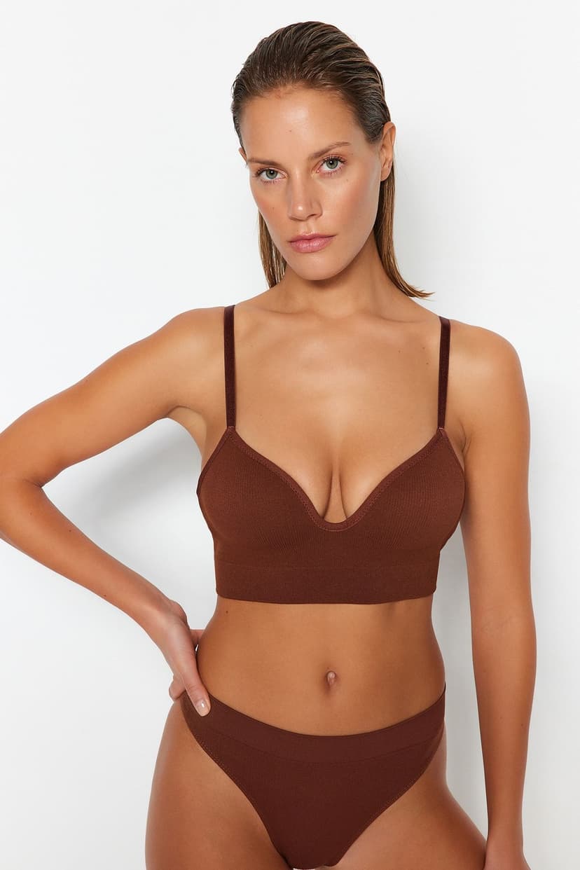 Product Kahverengi Seamless/Dikişsiz İp Askılı Dolgusuz Balensiz Kaplı Bralette Örme Sütyen