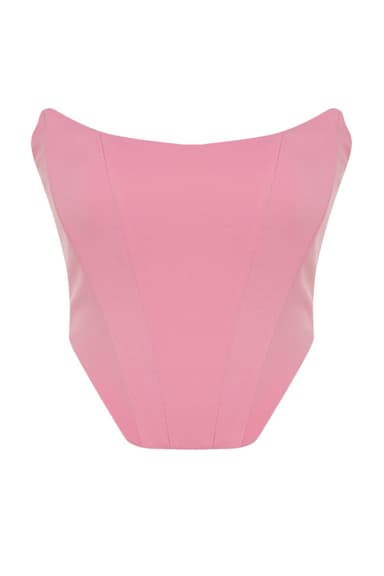 Pembe K Crop Korse Detaylı Dokuma Büstiyer